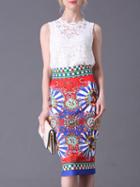 Romwe Multicolor Lace Top With Print Skirt
