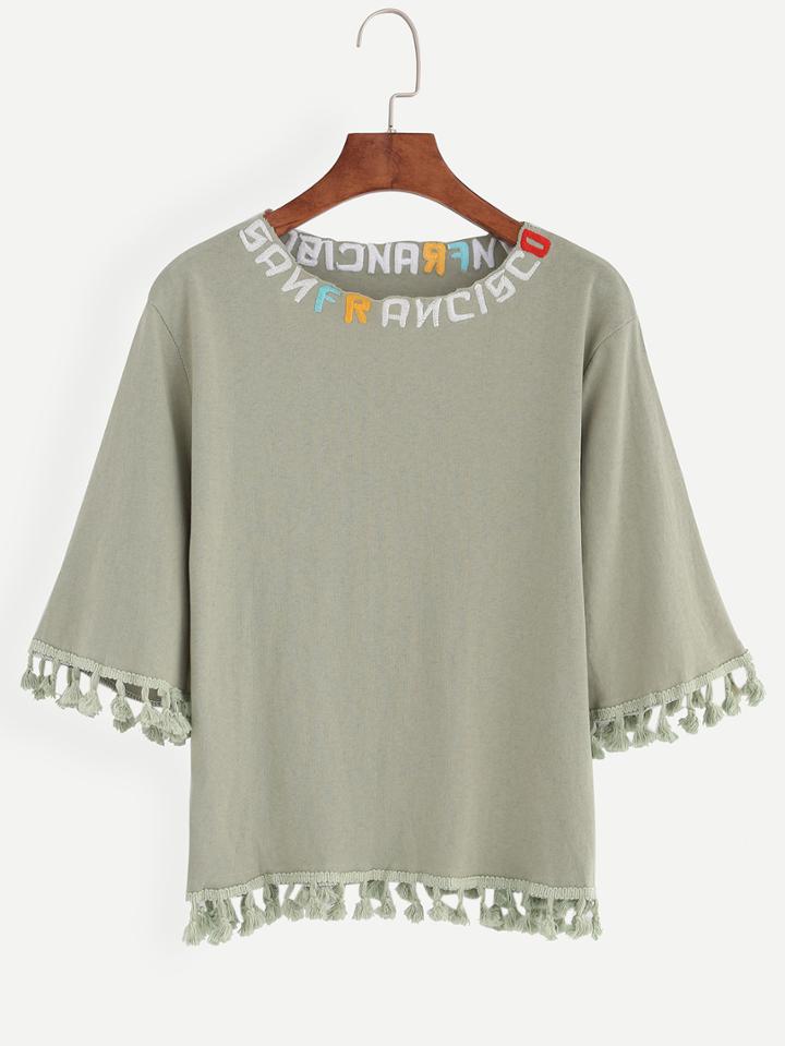 Romwe Olive Green Letter Embroidered Tassel Trim T-shirt
