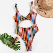 Romwe Striped Cut-out Tie Front One Piece Swimwear