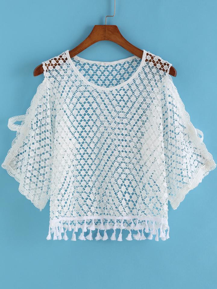 Romwe Open Shoulder Crochet Hollow Top