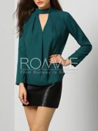 Romwe Dark Green Mock Neck Cut Out Front Blouse