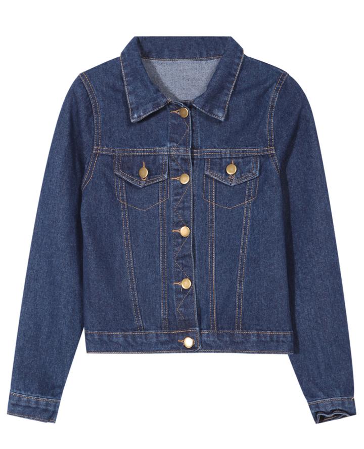 Romwe Lapel Buttons Denim Crop Coat