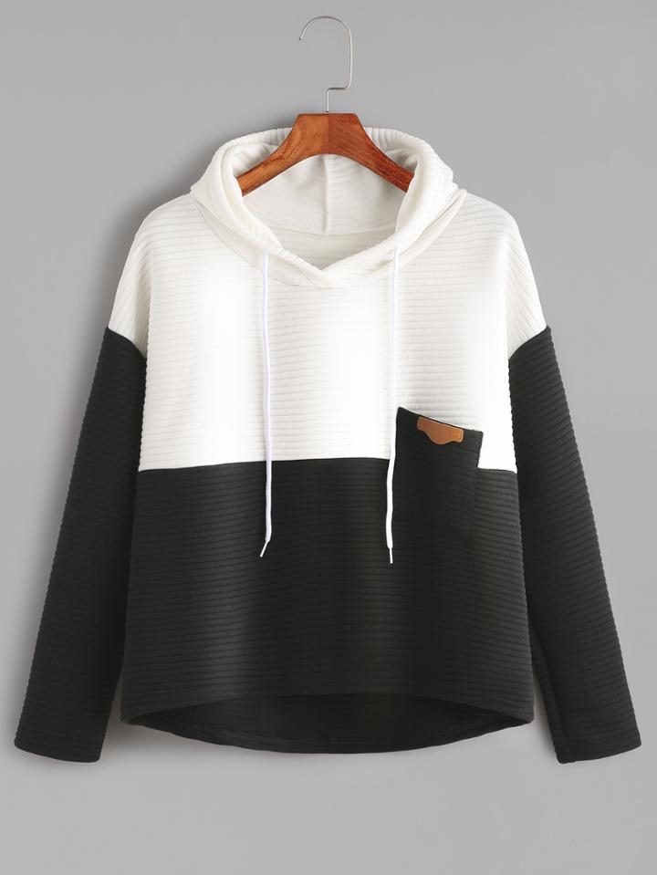 Romwe Black White Drop Shoulder High Low Drawstring Pocket Hoodie