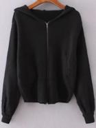 Romwe Black Zipper Up Hooded Sweater Coat