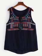 Romwe Navy Tie Neck Embroidered Fringe Top