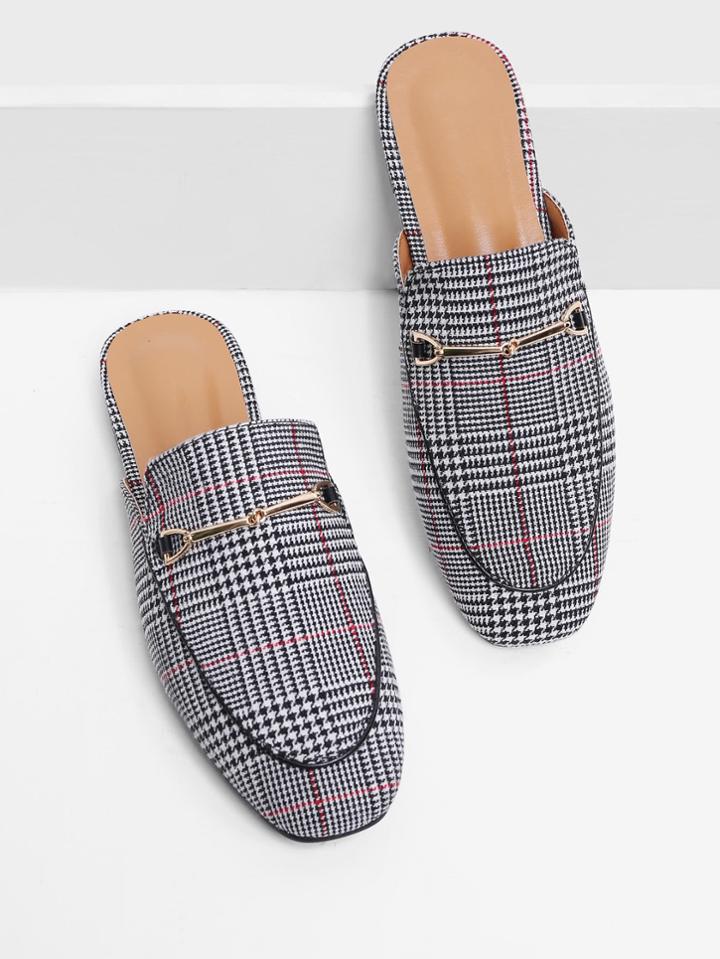Romwe Houndstooth Print Square Toe Flats