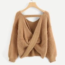 Romwe Twist Back Fuzzy Sweater