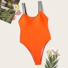 Romwe Neon Orange Glitter Strap One Piece Swimwear