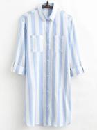Romwe Blue Vertical Striped Shirt Dress With Pocket