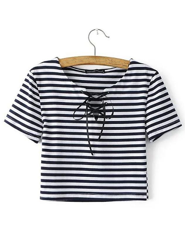 Romwe Striped Lace Up Crop T-shirt