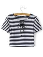 Romwe Striped Lace Up Crop T-shirt