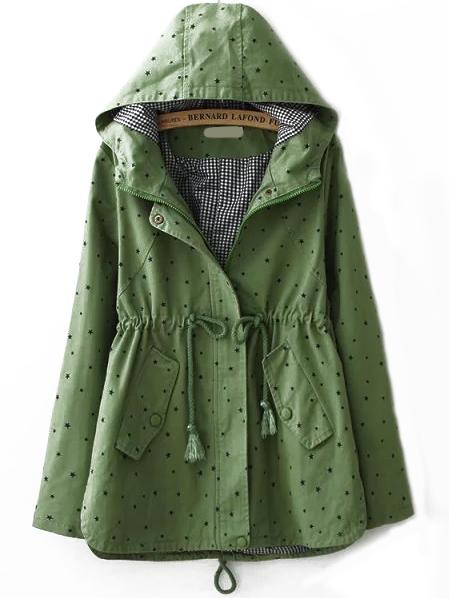 Romwe Hooded Stars Print Green Coat