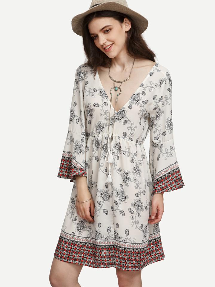 Romwe Black Flower Print Double V Neck Dress