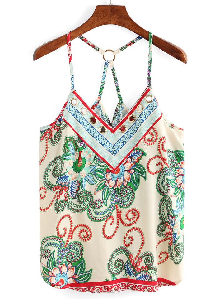 Romwe Tribal Print Ring Neck Crisscross Cami Top
