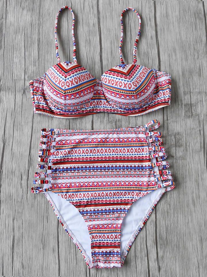Romwe Multicolor Tribal Print Ladder Cutout High Waist Bikini Set