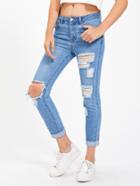 Romwe Light Wash Shredded Rips Detail Jeans