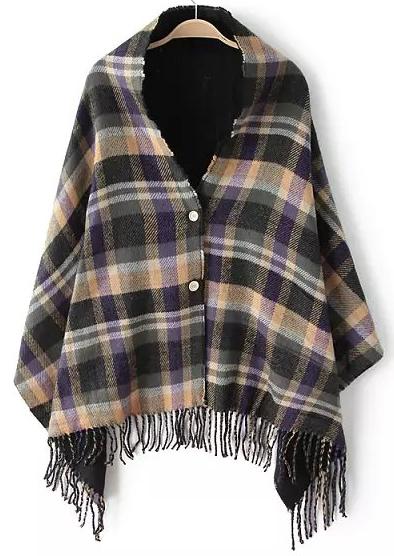 Romwe Check Print Buttons Scarf-black