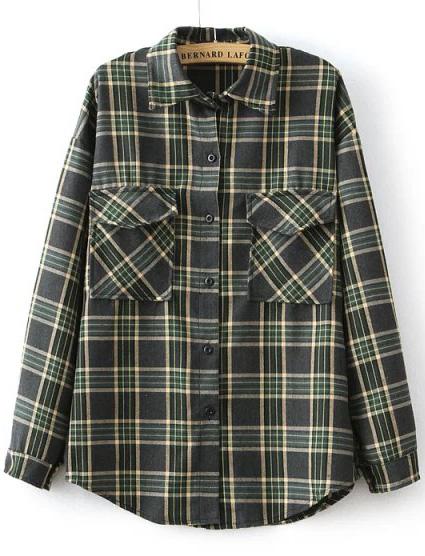 Romwe Green Long Sleeve Plaid Pockets Blouse