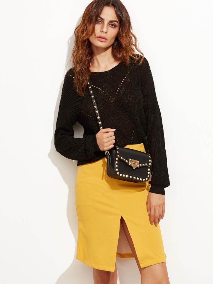 Romwe Black Lace Up Back Hollow Out Sweater