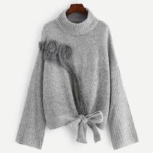 Romwe Plus Turtle Neck Applique Detail Knot Sweater