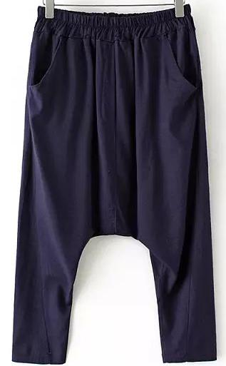 Romwe Elastic Waist Loose Navy Pant
