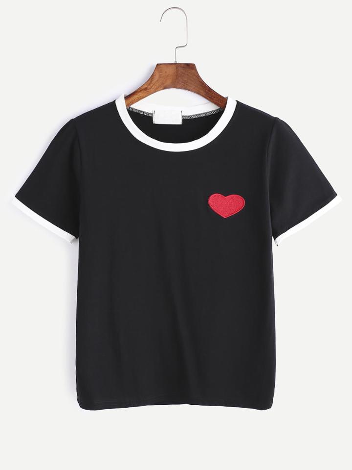 Romwe Black Contrast Trim Heart Embroidered T-shirt