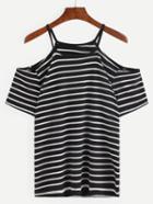 Romwe Cold Shoulder Black White Striped T-shirt
