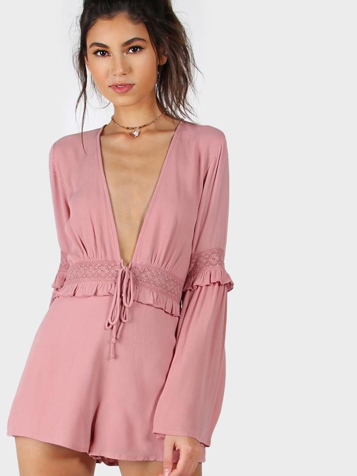 Romwe Lace Insert Deep V Bell Sleeve Frill Romper