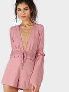 Romwe Lace Insert Deep V Bell Sleeve Frill Romper