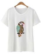 Romwe White Short Sleeve Parrot Sequined T-shirt