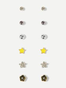 Romwe Ball & Star Detail Stud Earrings 6pairs
