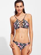 Romwe Black Floral Print Criss Cross Reversible Bikini Set