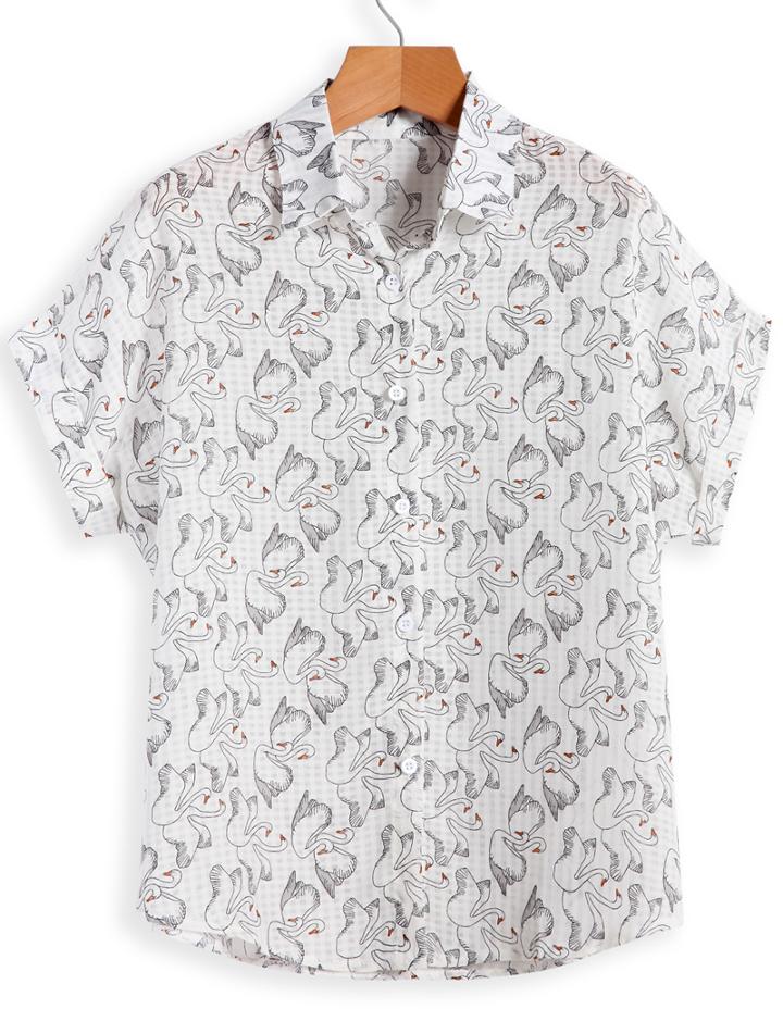 Romwe Short Sleeve Swan Print Blouse