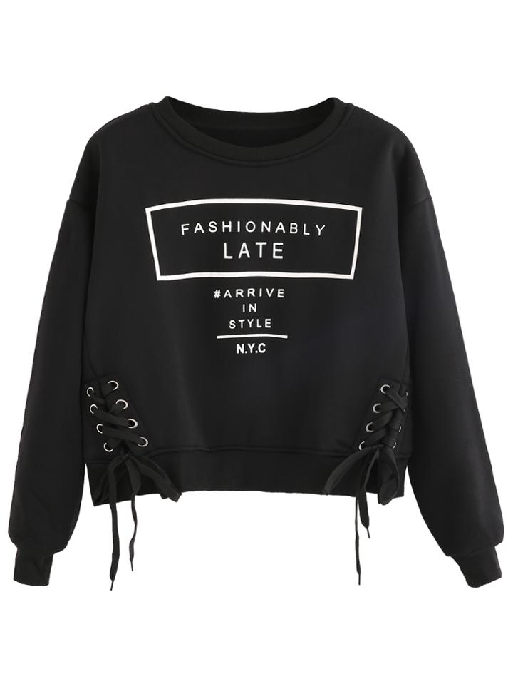 Romwe Black Letter Print Drop Shoulder Lace Up Front Sweatshirt
