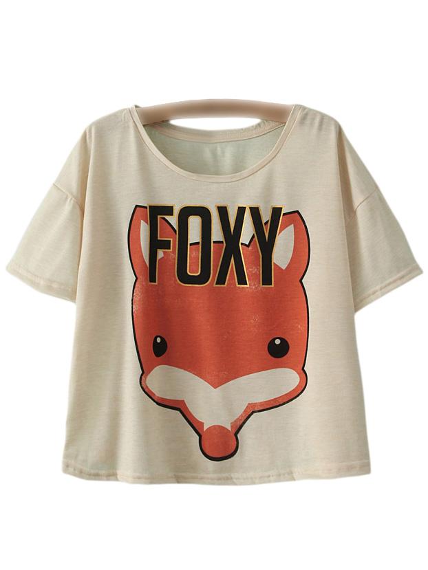 Romwe Beige Letter Animal Print Short Sleeve T-shirt
