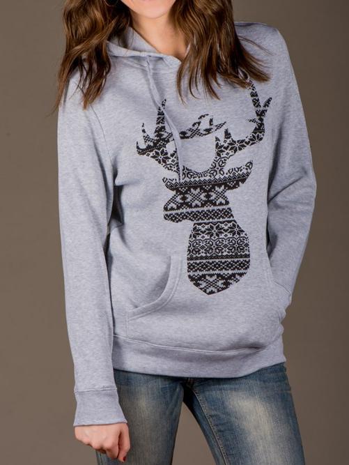 Romwe Hooded Drawstring Deer Print Grey Sweatshirt