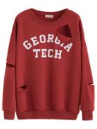 Romwe Red Letter Print Dropped Shoulder Seam Cut Out Sweatshirt