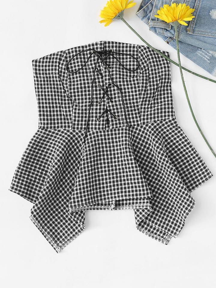 Romwe Gingham Lace Up Asymmetric Tube Top
