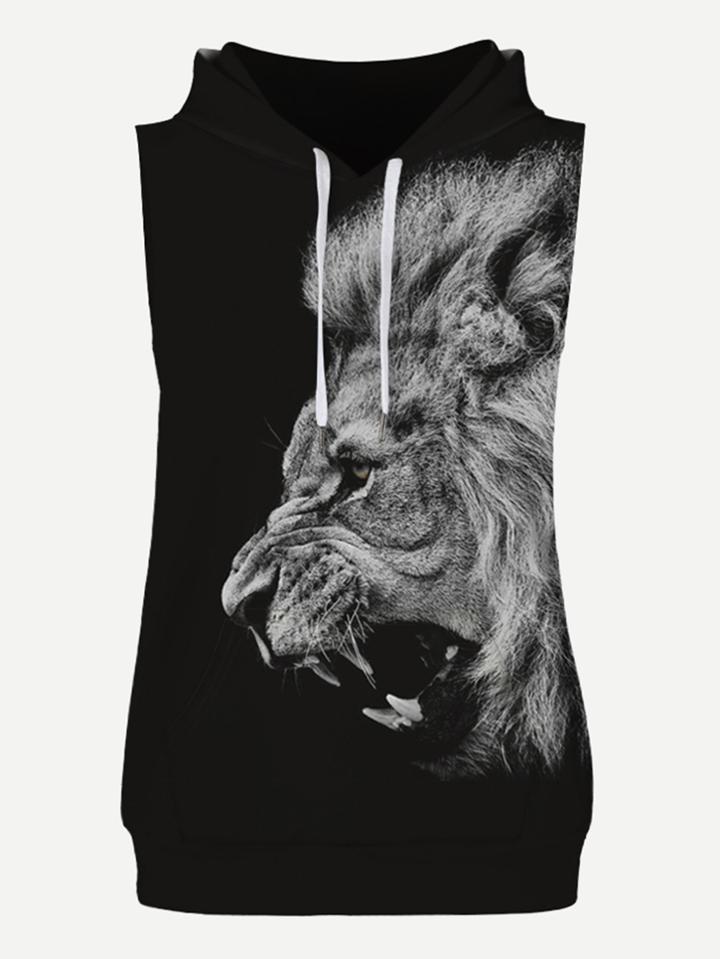 Romwe Men Lion Print Sleeveless Hooded Sweatshirt