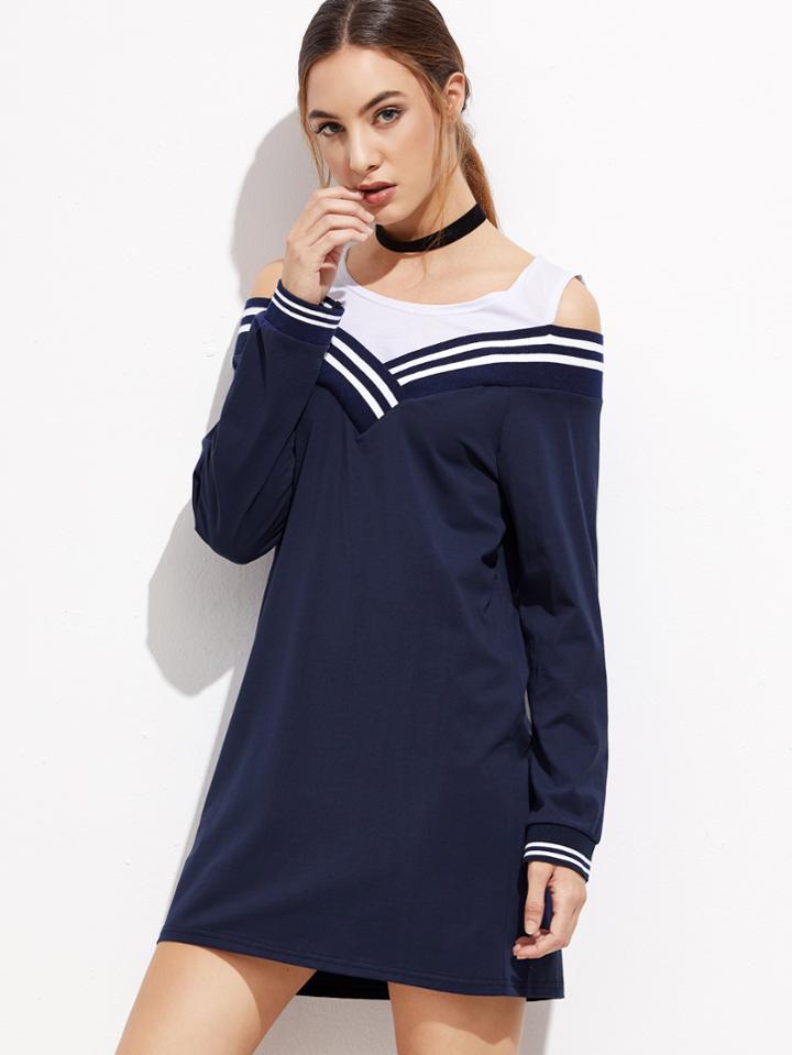 Romwe Contrast Open Shoulder Striped Trim Sweatshirt Dress