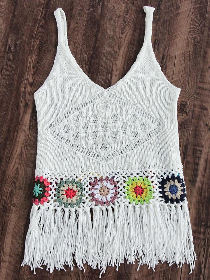 Romwe Fringe Hem Crochet Beach Tank Top