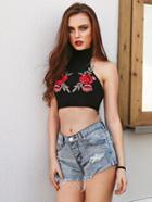 Romwe Embroidered Appliques Crop Ribbed Halter Top