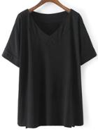 Romwe Black V Neck Dip Hem Short Sleeve Casual T-shirt