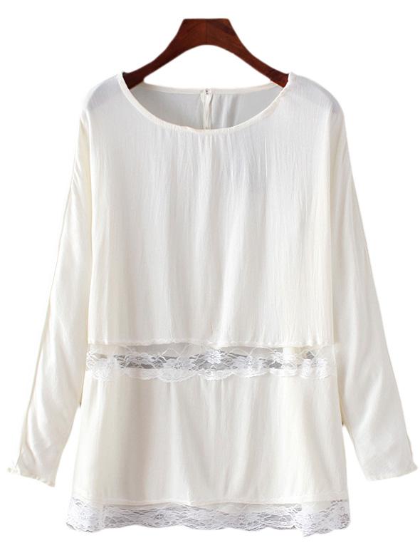 Romwe Beige Long Sleeve Keyhole Back Lace Splicing Blouse