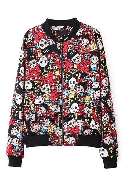Romwe Cartoon Child Print Zippered Dual-tone Jacket