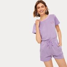Romwe Letter Embroidery Drawstring Waist Romper