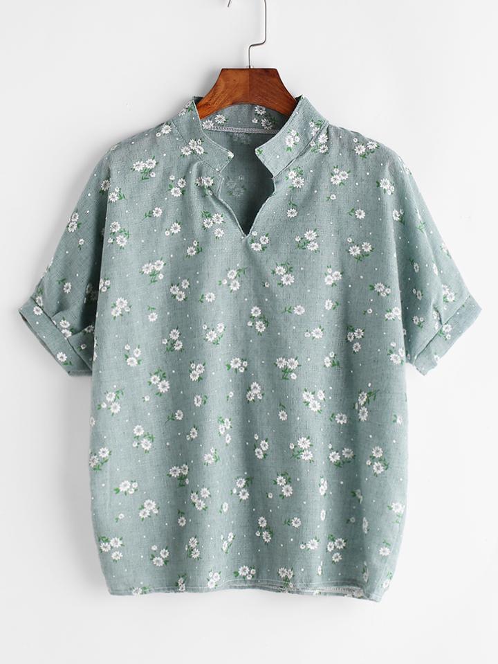 Romwe Stand Collar Calico Print Blouse