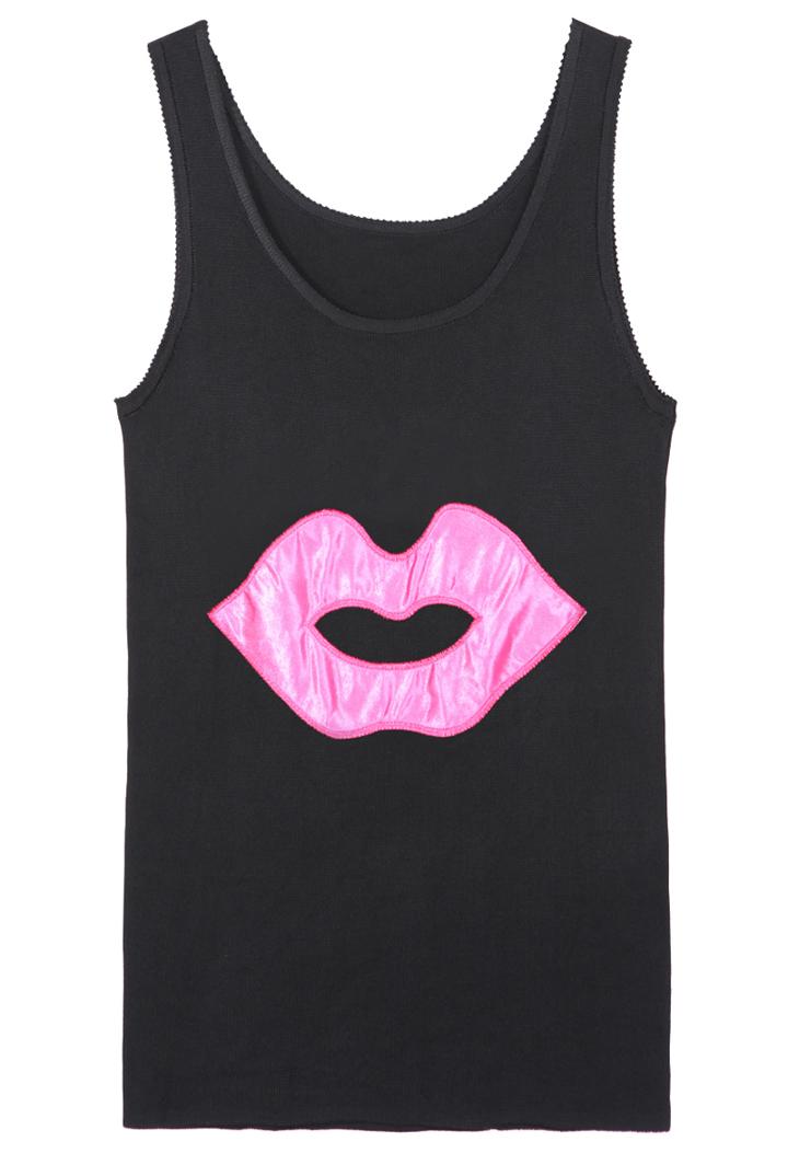 Romwe Round Neck Lips Print Black Vest