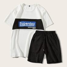 Romwe Guys Letter Print Contrast Panel Tee With Shorts