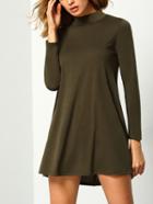 Romwe Army Green Stand Collar Long Sleeve Loose Dress
